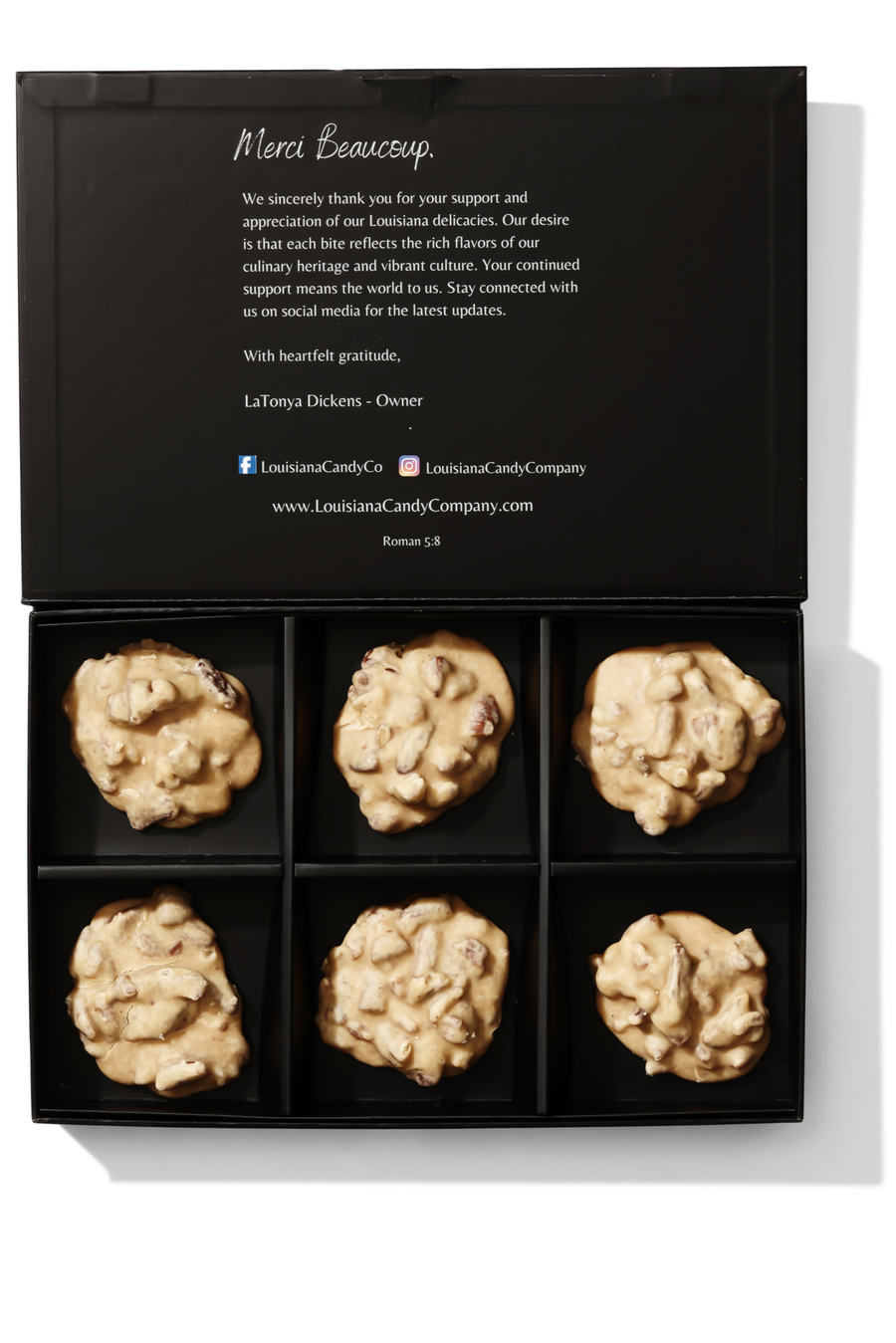 Box of chocolate brains with a black lid featuring text and branding.